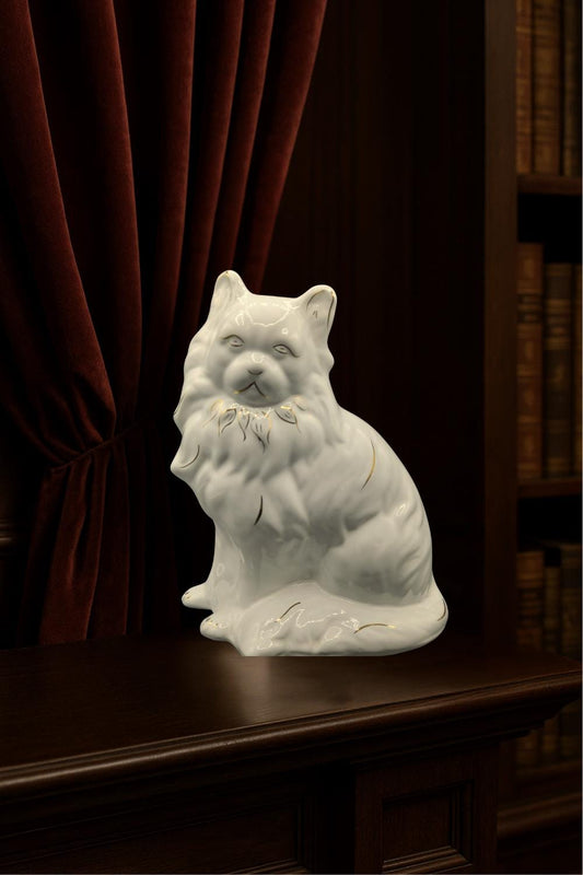 Vintage Porcelain Mantle Cat Figurine | Mantle Decor | White and Gold Ceramic Cat | Regal Feline Home Accent | Free Shipping