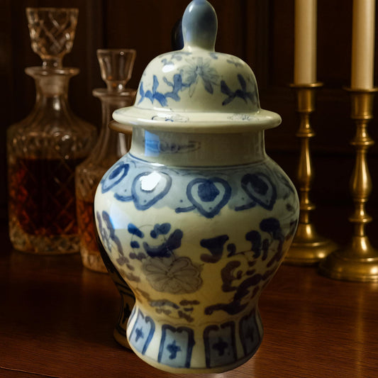 Large 11" Blue and White Ginger Jar | Hand-Painted Chinoiserie | Cobalt Variance & Iron Spots | Finial Lid | FREE POSTAGE