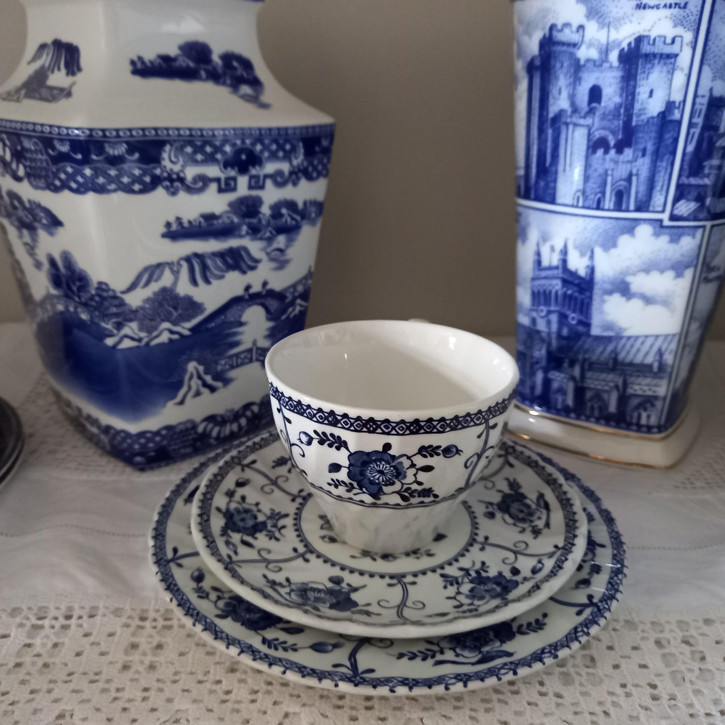 Johnson Bros "Indies" Blue & White Tea Trios — Pair of Vintage English Ironstone Sets (1970s–80s)