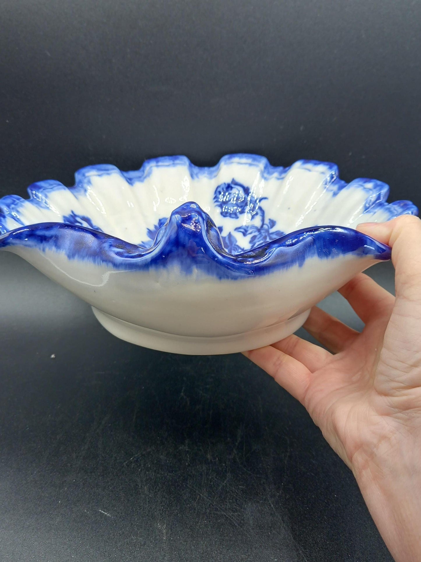 Early 20th Century Staffordshire Ironstone Bowl | Blue & White Scalloped Centrepiece | Complimentary Story & Care Booklet