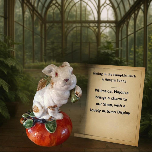 Majolica-Style Rabbit on Pumpkin Figurine — Vintage Ceramic Bunny with Carrot (Story & Care Card Included)