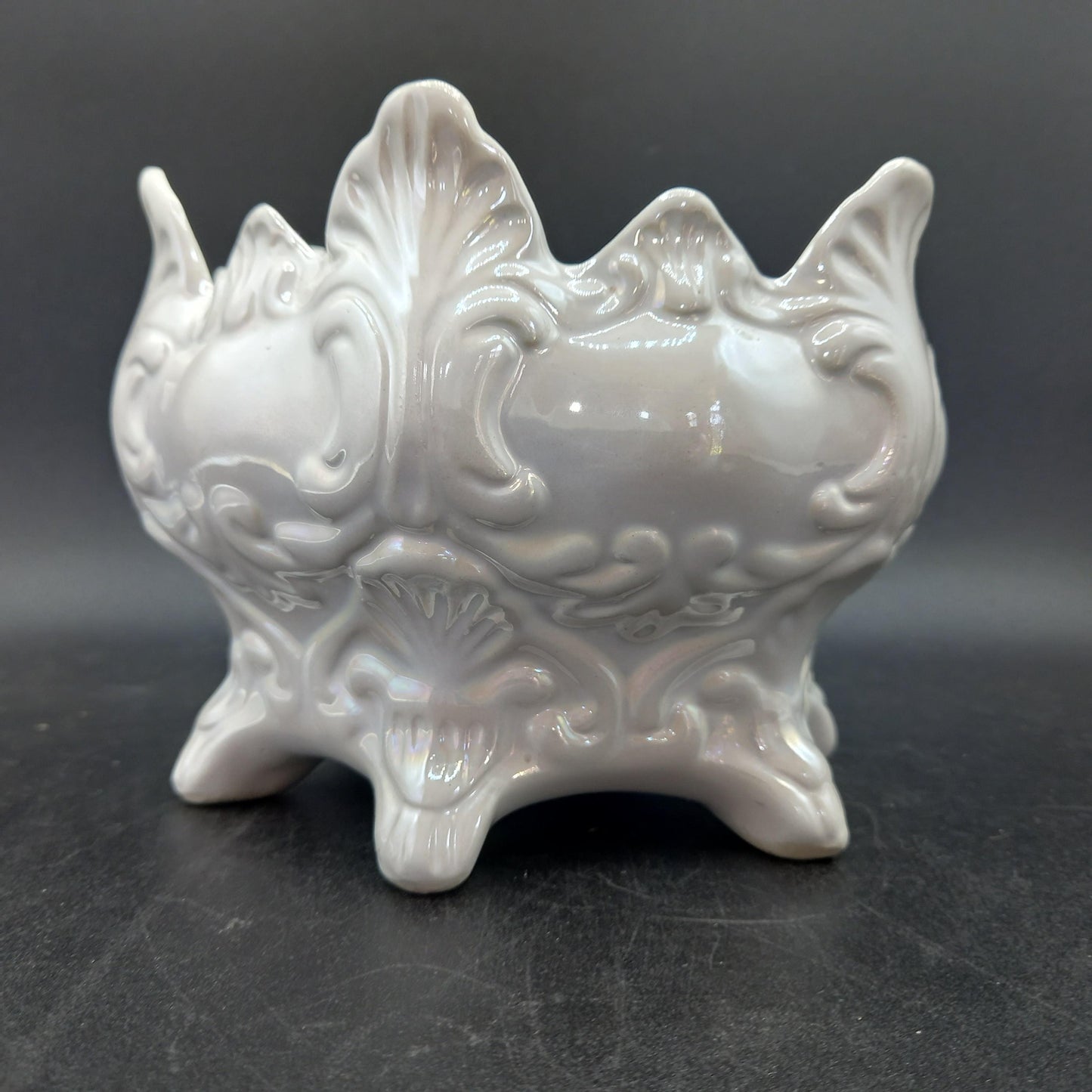 Vintage Pearl Lusterware Planter — Rococo Revival Footed Bowl (Mid-Century, Iridescent Glaze)