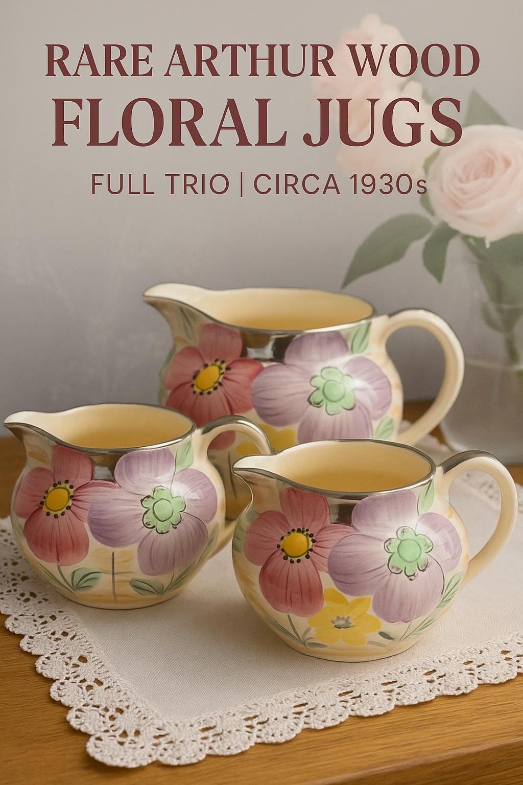 Rare 1930s Arthur Wood Floral Jug Trio | Hand-Painted Art Deco Jugs | Collectible English Pottery | Complimentary Story & Care Card