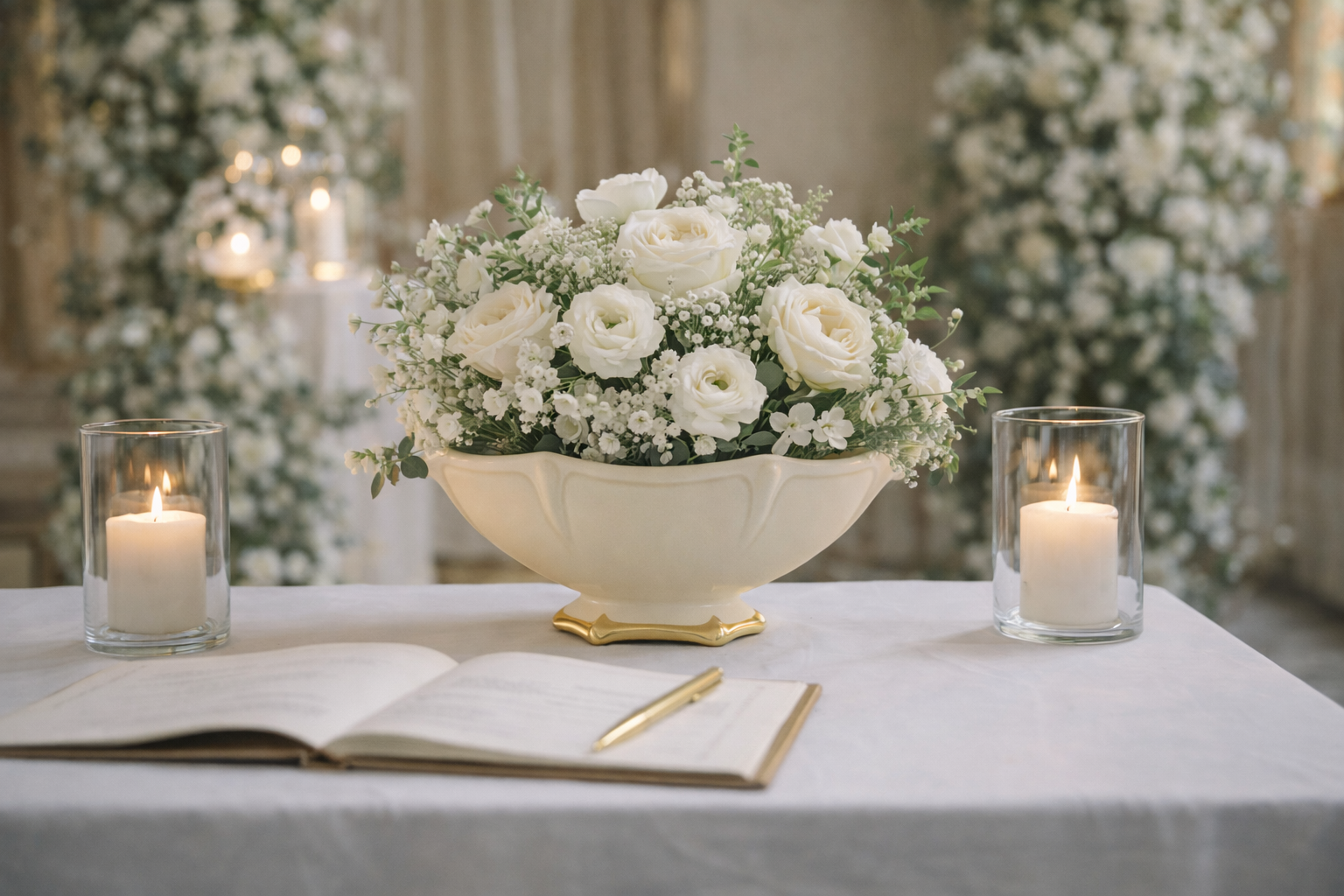 Royal Winton Grimwades ivory mantle vase with gilt foot, styled with white roses and candles on a wedding signing table, elegant vintage centrepiece