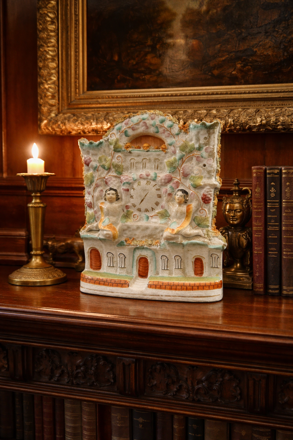 Victorian Staffordshire flatback clock group mantel ornament in glazed earthenware, circa 1850–1875, styled on dark wood library mantel with brass candlestick and antique books