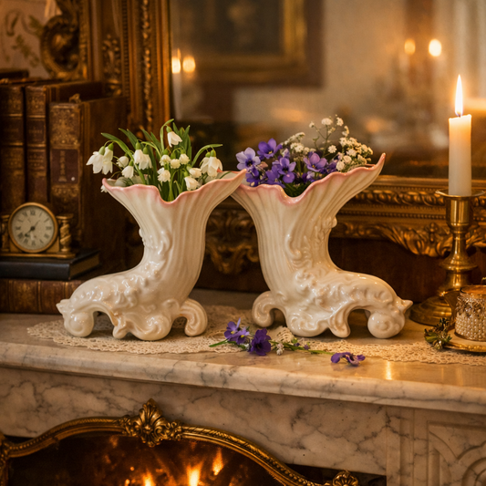 Pair of Belleek Parian Spill Vases with Blush Rims Mid-20th Century Irish Porcelain Mantel Garniture