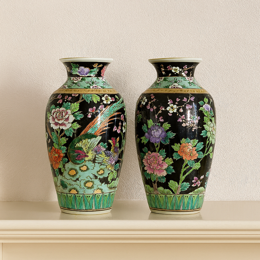 Pair of Mid-Century Japanese Kutani Enamel Vases – Black Ground with Peony & Bird Design