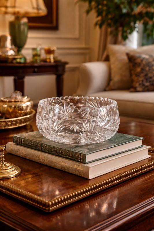 Elegant old-money living room with a heavy hand-cut crystal bowl displayed on a dark wood coffee table, surrounded by rich leather seating, warm lighting and refined classic decor