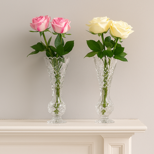Pair of vintage lead crystal bud vases with trellis and fan cut design, scalloped crown-style rims, and pedestal foot bases, displayed on a mantle with soft natural light highlighting the sparkling clear crystal
