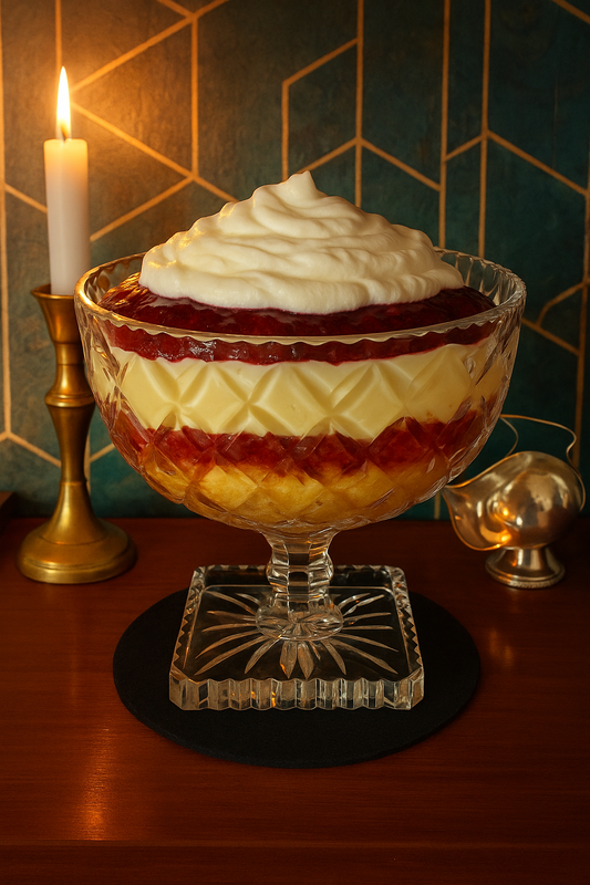Elegant vintage cut crystal trifle bowl styled with candlelight and brass accents on a mahogany surface against a teal and gold Art Deco backdrop. The glass sparkles with intricate diamond cuts, evoking timeless luxury and craftsmanship.  The bowl is full of trifle and ready to serve 6-8 people