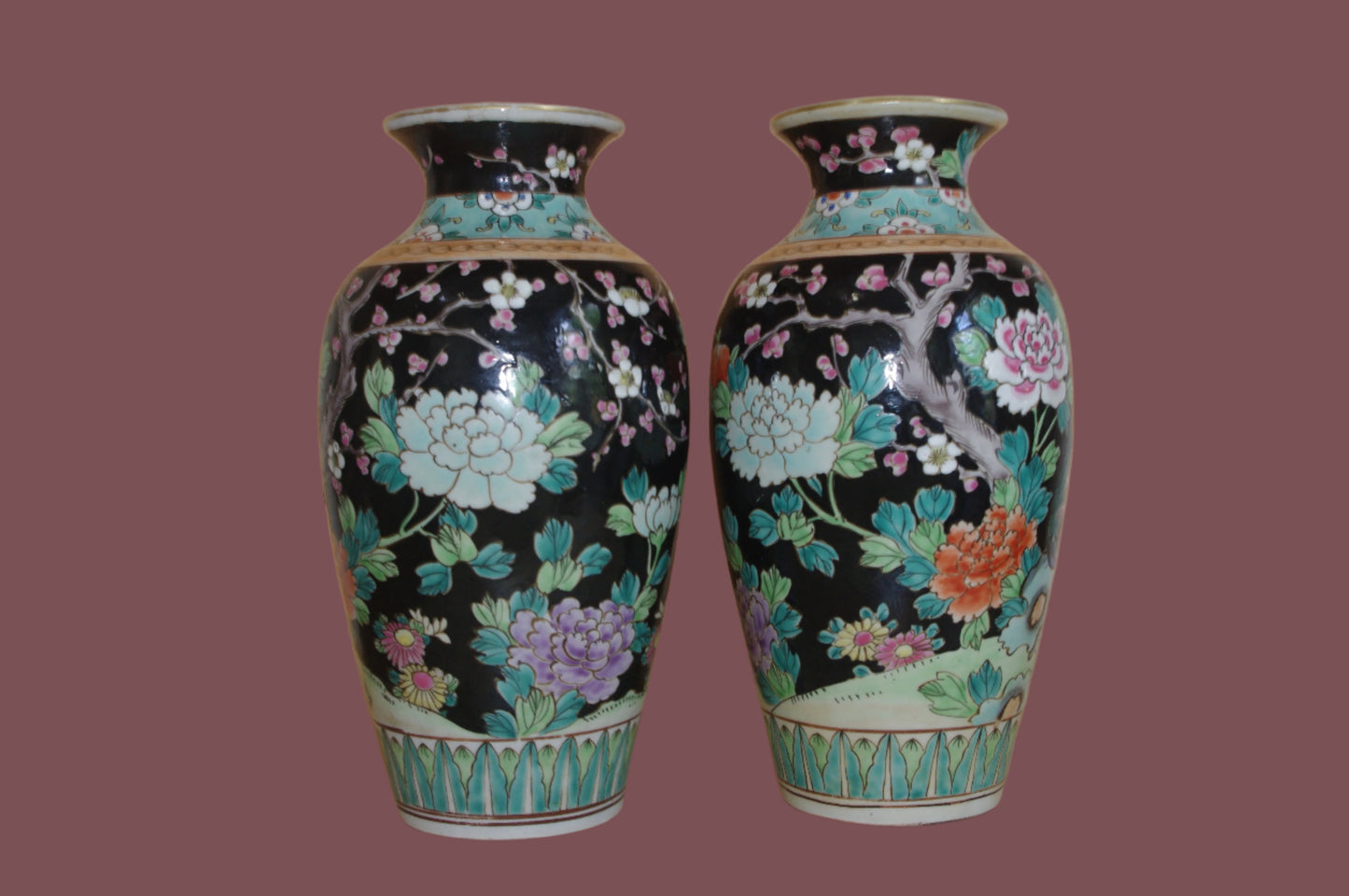 Pair of Mid-Century Japanese Kutani Enamel Vases – Black Ground with Peony & Bird Design