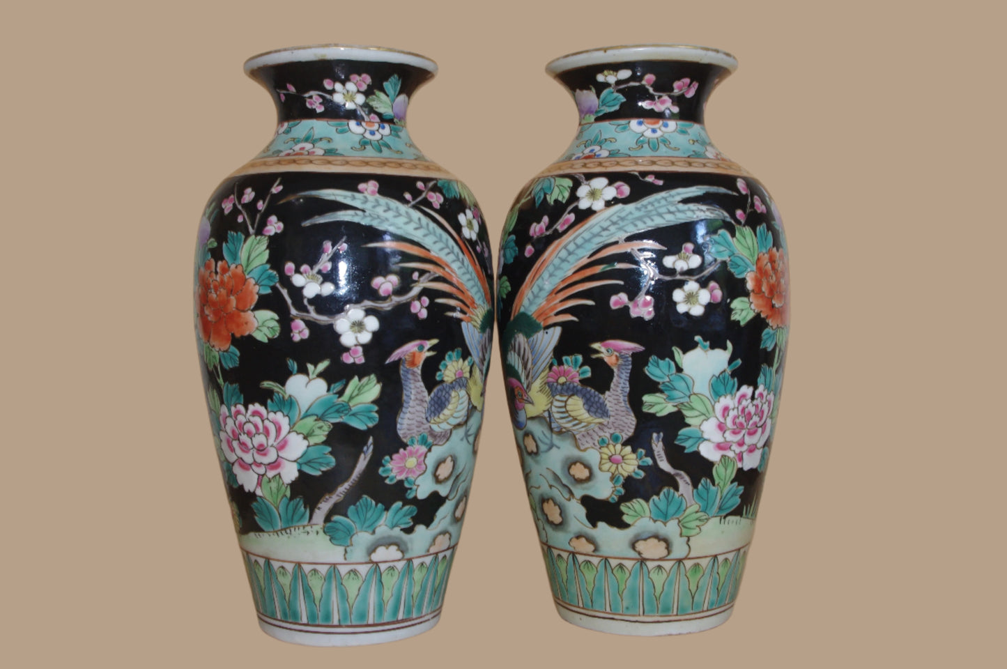 Pair of Mid-Century Japanese Kutani Enamel Vases – Black Ground with Peony & Bird Design
