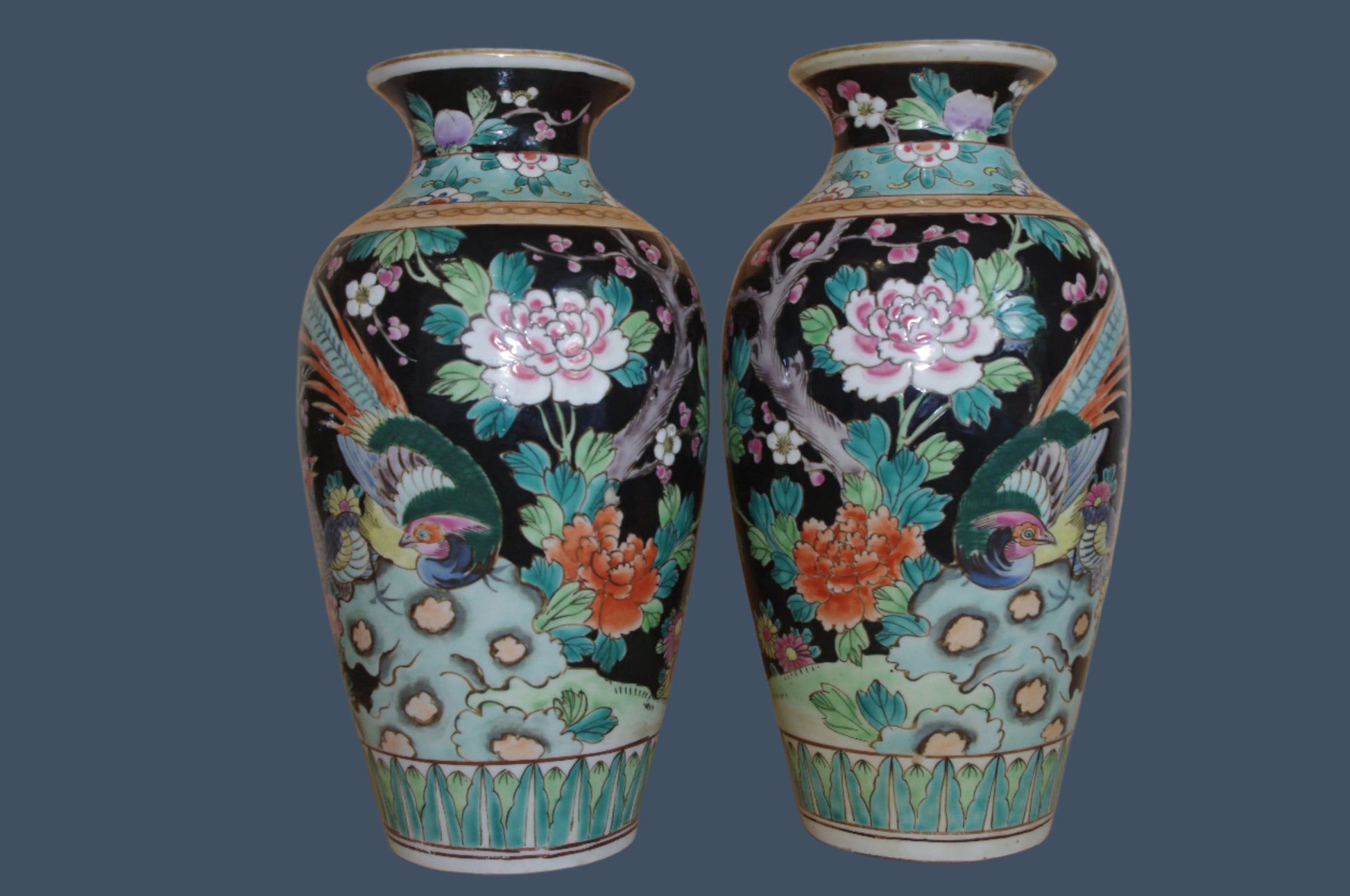 Pair of Mid-Century Japanese Kutani Enamel Vases – Black Ground with Peony & Bird Design