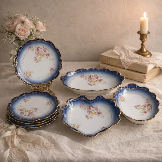 Antique Limoges Belle Époque porcelain serving set with cobalt blue rims, gilt detail and floral design, styled with roses, lace books and a vintage brass candle holder.