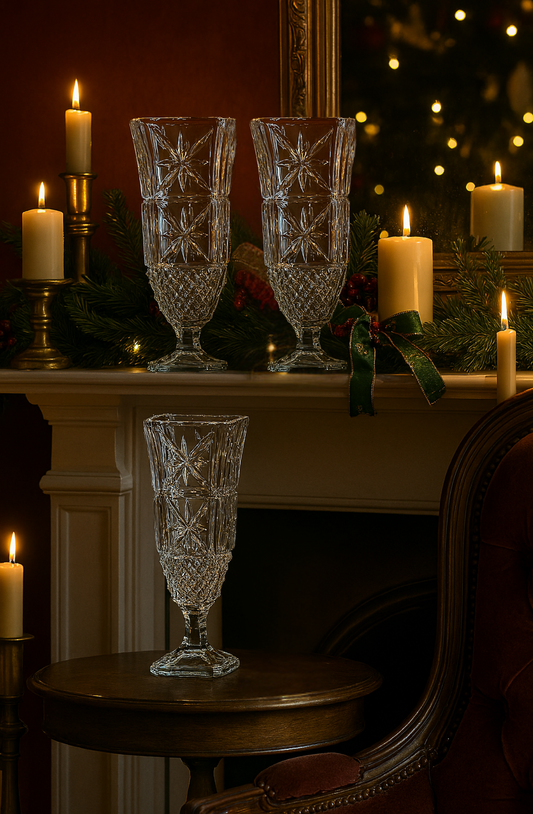 Set of three vintage Findenza Vetraria crystal vases—two tall 10-inch vases and one shorter 9-inch vase—styled on a traditional white fireplace mantel and side table with festive greenery, candles, and a gilded mirror in the background.