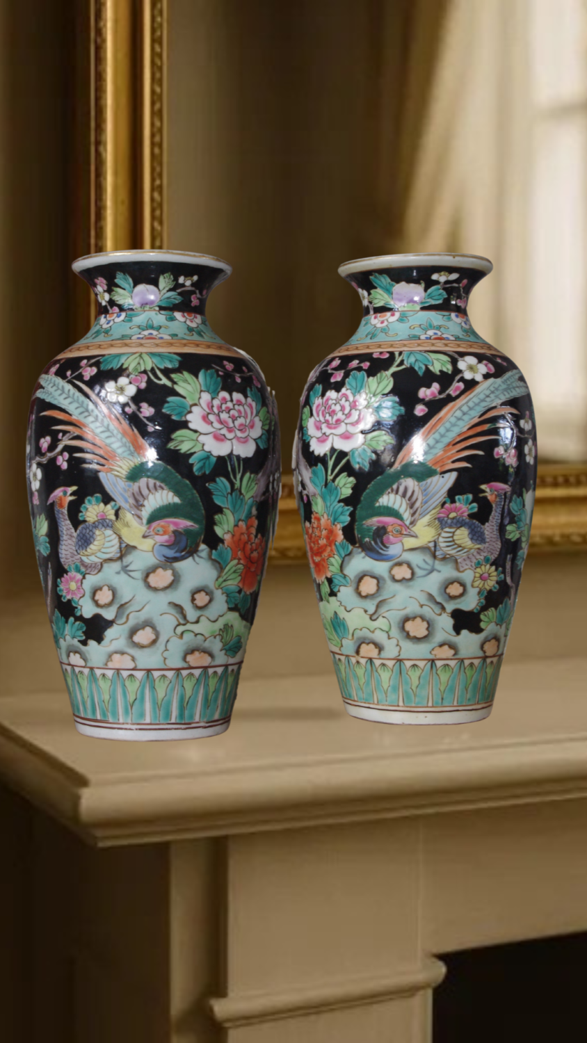 Pair of Mid-Century Japanese Kutani Enamel Vases – Black Ground with Peony & Bird Design