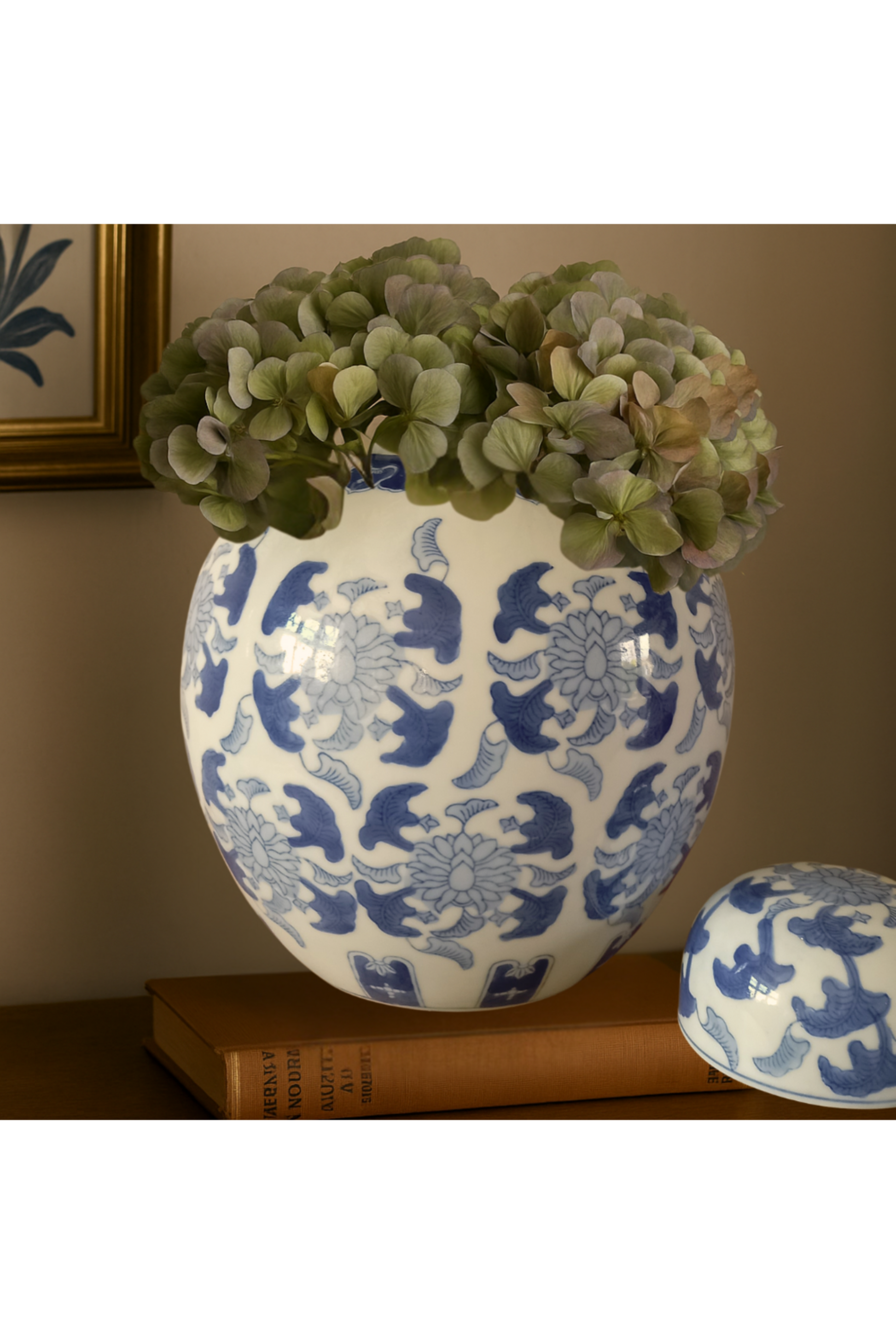 Large Chinoiserie Ginger jar styled with Hydrangea flowers