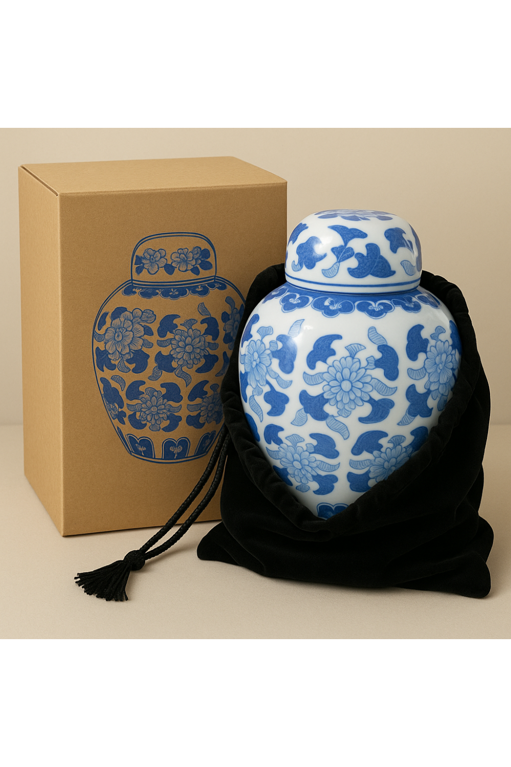 Large Vintage Blue & White Ginger Jar with Lid – Chinoiserie Floral Ceramic, Mid-Century