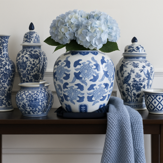 Decorative blue and white vases with hydrangeas on a wooden table against a white wall.
