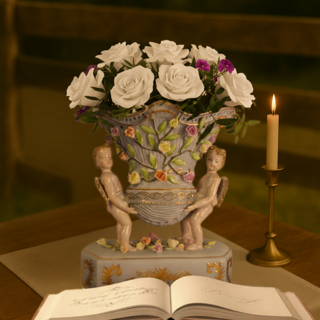 A Capodimonte Rococo vase is shown decorating a wedding entryway with a guest book and candle nearby
