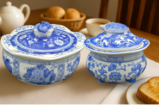 Chinese Chinoiserie Tureens – Frog & Turtle Animal Finials (Indigo Blue Porcelain, Rare Vintage Pair or Singles)