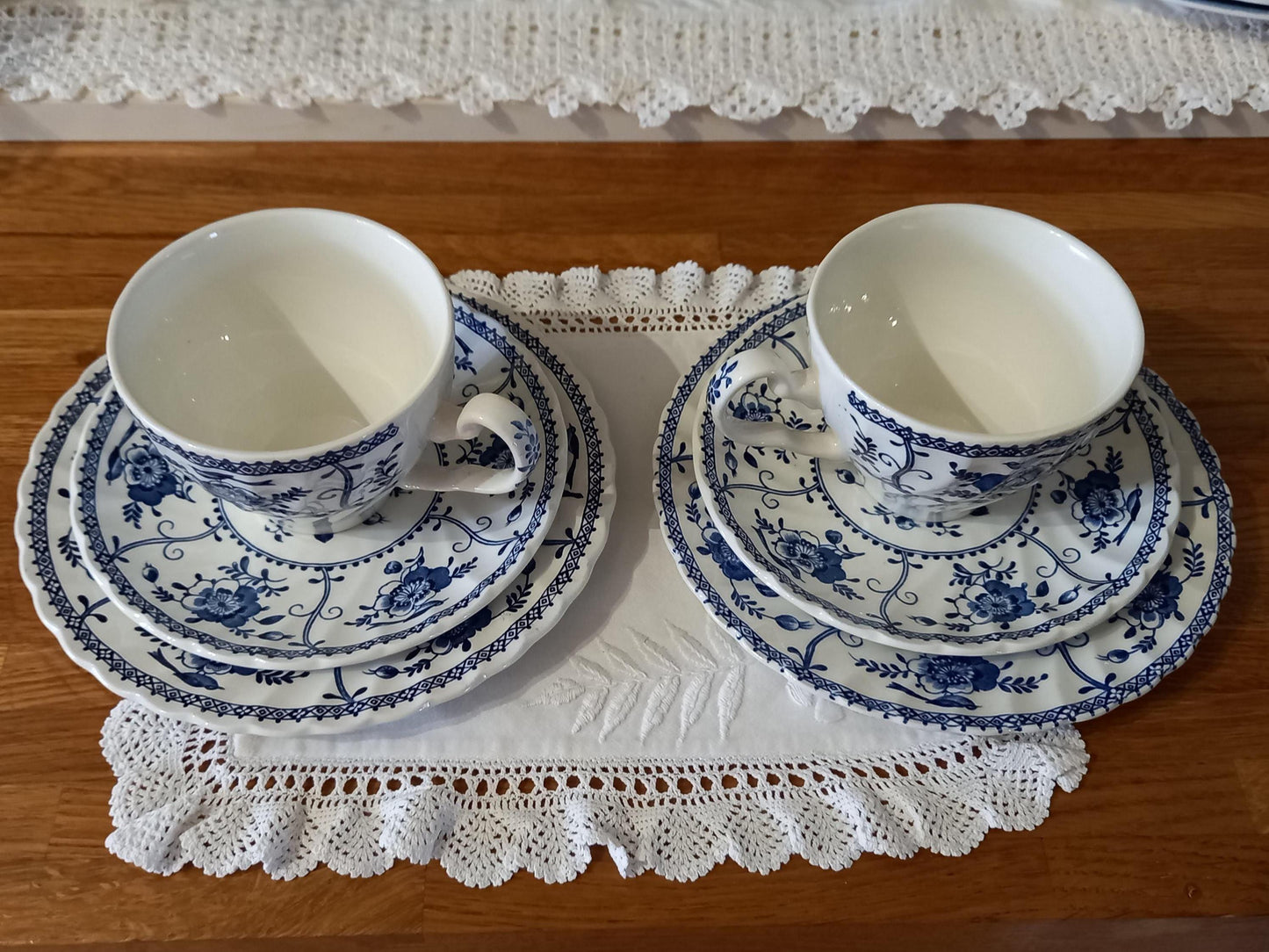 Johnson Bros "Indies" Blue & White Tea Trios — Pair of Vintage English Ironstone Sets (1970s–80s)