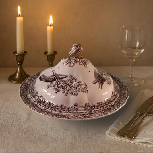Copeland & Garrett Victorian Tureen — 1844 Registered Brown Transferware with Gilt Finial (Bird & Botanical Design)