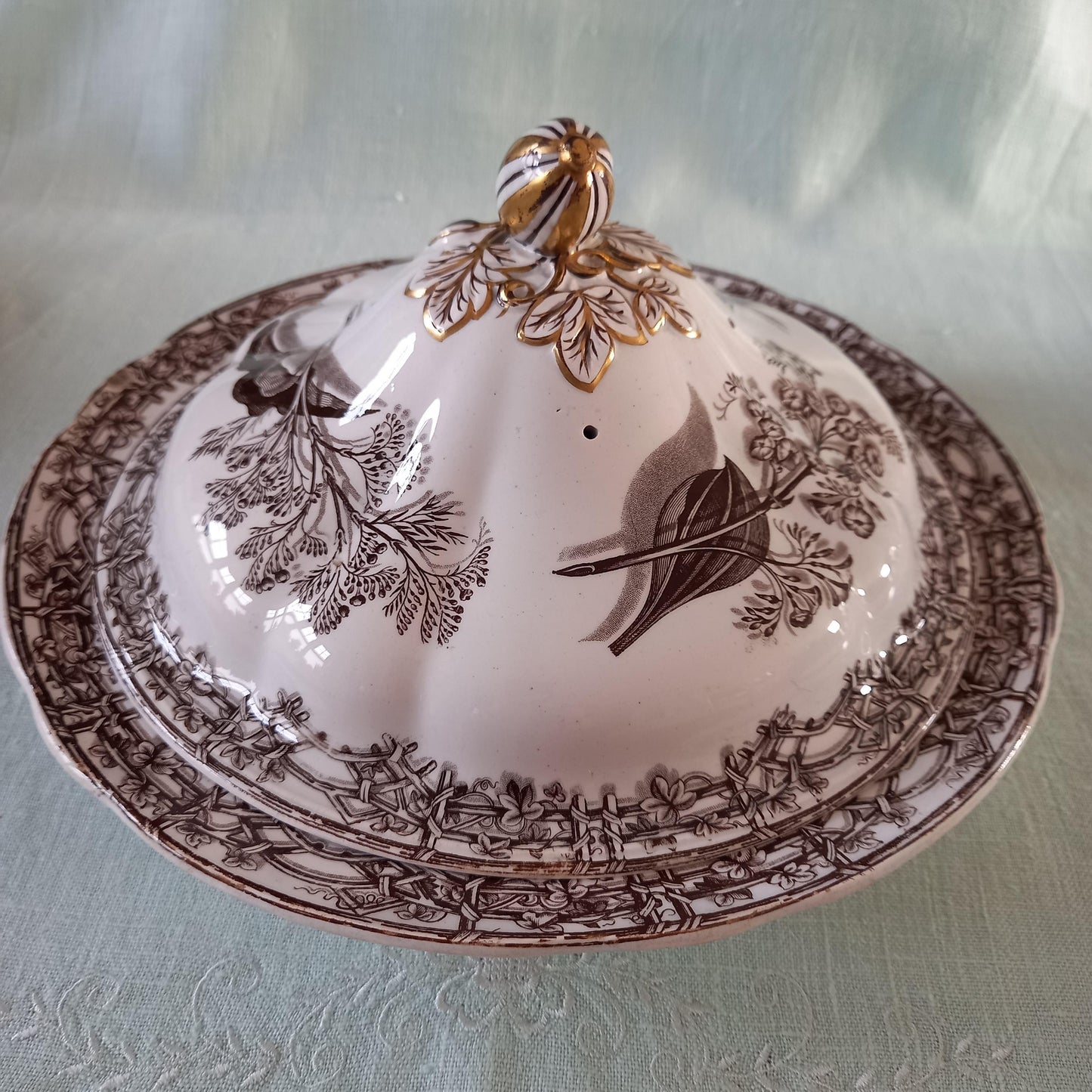 Copeland & Garrett Victorian Tureen — 1844 Registered Brown Transferware with Gilt Finial (Bird & Botanical Design)