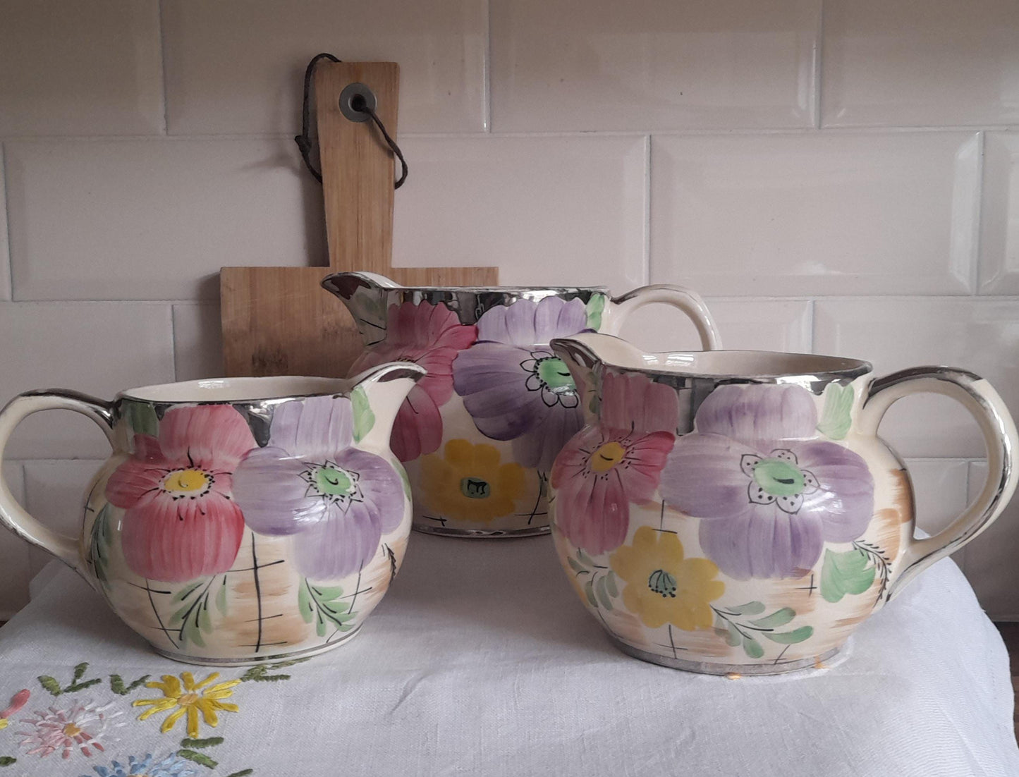 Rare 1930s Arthur Wood Floral Jug Trio | Hand-Painted Art Deco Jugs | Collectible English Pottery | Complimentary Story & Care Card