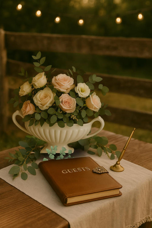 DeeCee Mantle vase shown on a pedestal with a wedding setting filled with roses