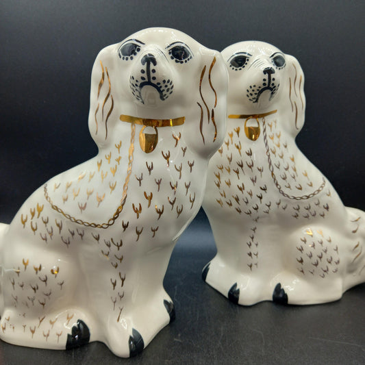 Pair of White Staffordshire Style Mantle Dogs – Gold & Black Detailing | 9” Reproduction Figurines