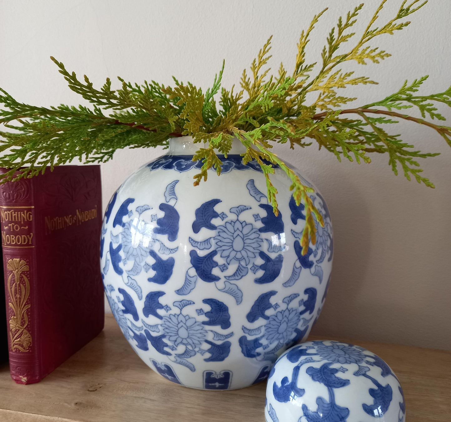 Large Vintage Blue & White Ginger Jar with Lid – Chinoiserie Floral Ceramic, Mid-Century