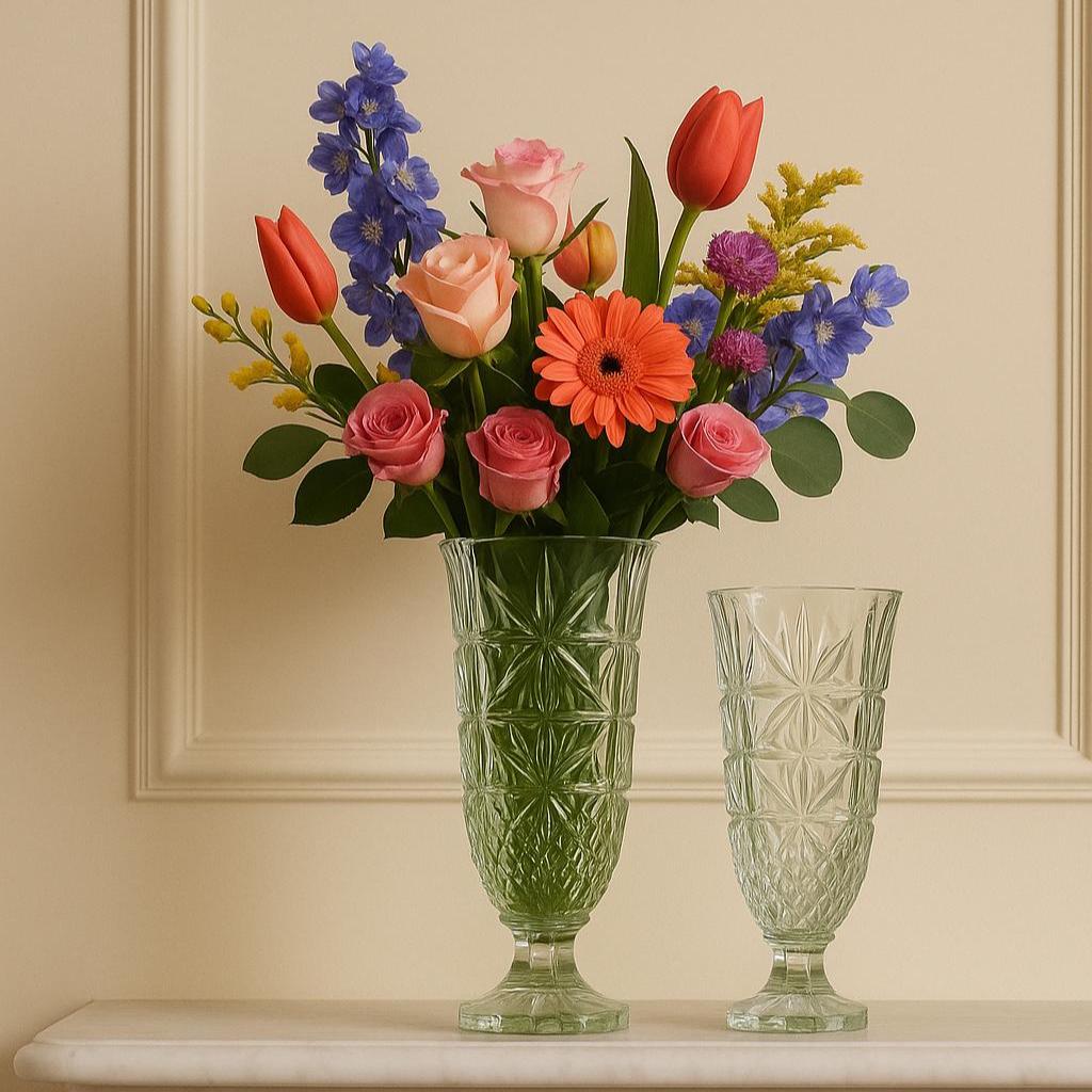 Pair of Findenza Vetraria Starburst and Hobnail Italian Glassware Vases styled full of flowers on a mable Mantle