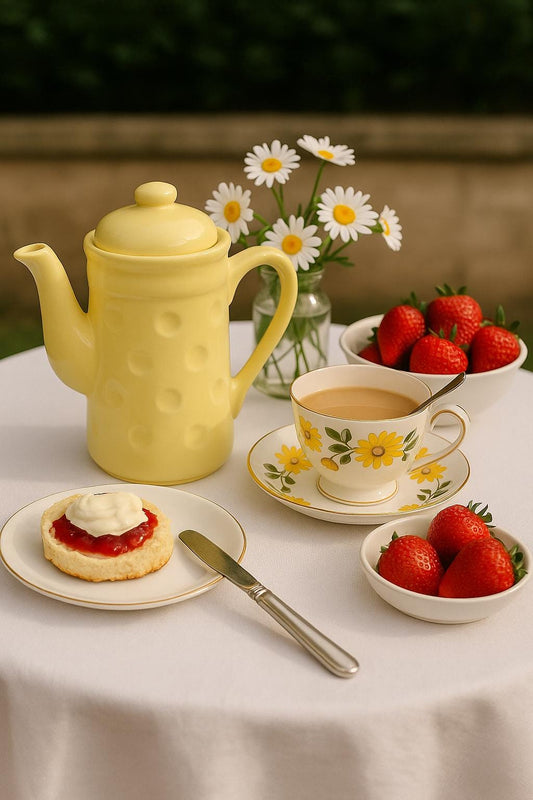 Mid-Century Vintage Yellow Polka Dot Teapot | MCM Summer Table Styling | Complimentary Story & Care Booklet