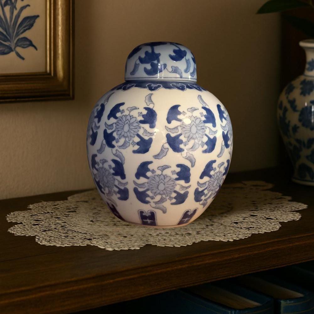 Large Vintage Blue & White Ginger Jar with Lid – Chinoiserie Floral Ceramic, Mid-Century