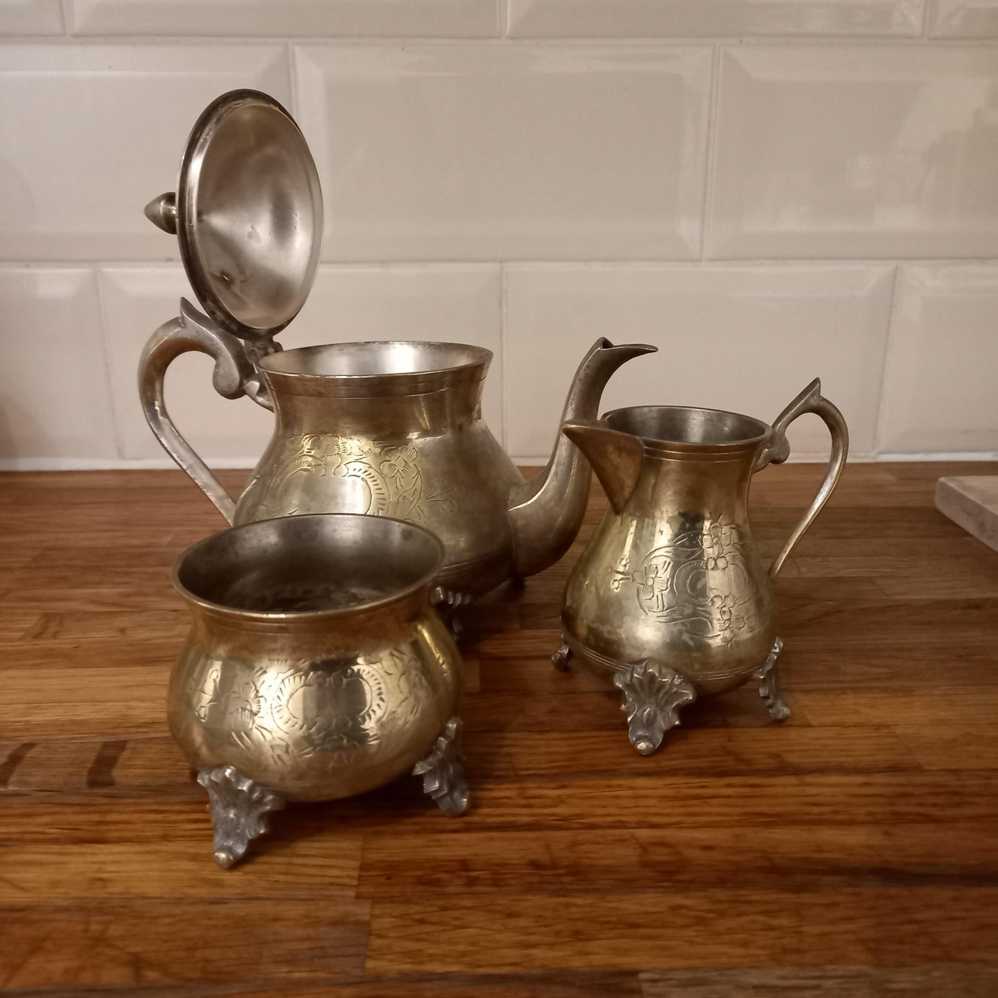 Vintage EPNS Silver Teaset Trio Repurposed as Vases | Ornate Footed Teapot, Creamer & Sugar Bowl | Romantic Styling Decor | English Plate