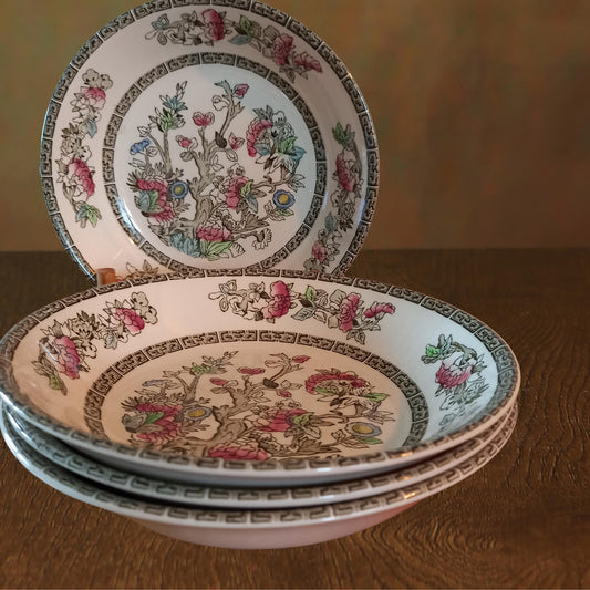 Johnson Bros Indian Tree Shallow Soup Bowls — Set of 4 Vintage English Ironstone (7.5” Diameter)