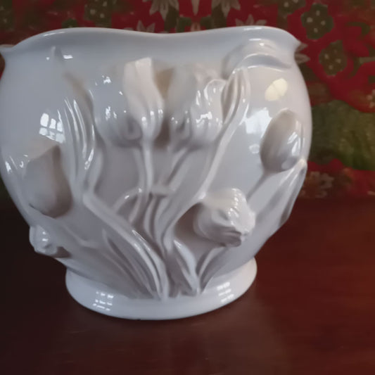 Antique Franz Anton Mehlem White Floral Planter Early 20th Century German Earthenware