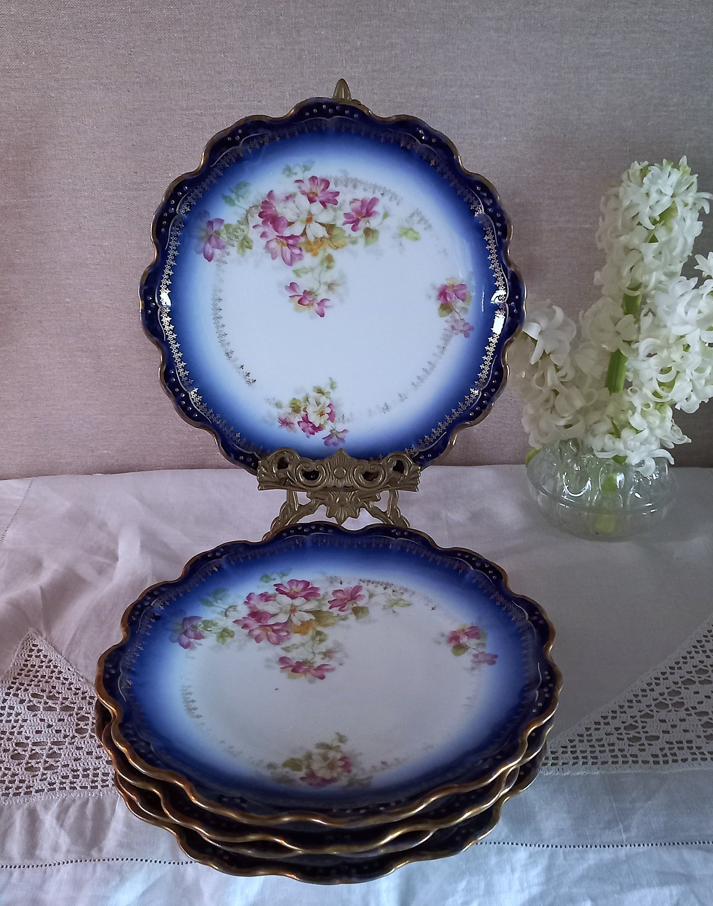 Limoges dessert plate set, antique cobalt blue floral porcelain, Belle Époque French china